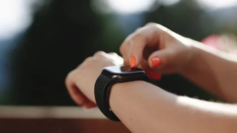 Smart watch. Scrolling display on smartwatch. Close up hand with smartwatch Stock Footage 194572142