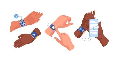 Smart watch set. Vector illustration depicting various hand gestures. Digital Stock Illustration