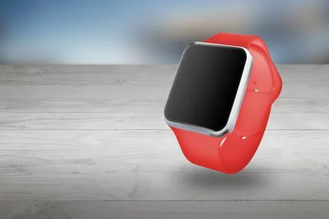 Smart watch on table with isolated, blank screen for mockup. Stock Photos