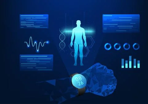 Smart watch technology, is a wristwatch that projects a hologram of body da.. イラスト素材