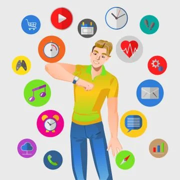 Smart watch vector illustration with man Illustrazione stock
