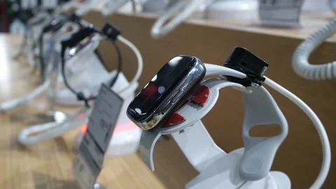 Smart watches on the store shelf, standing in a row. Stock Footage 297777666
