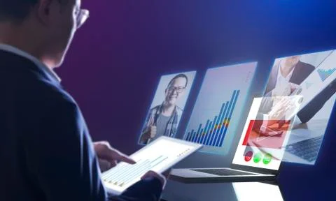 Smart working at home using online video meeting . Stay at home with smart wo Stock Photos