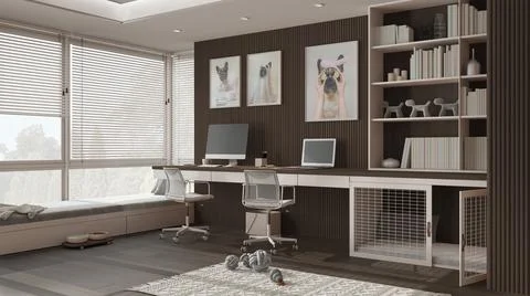 Smart working, pet friendly dark wooden corner office, work from home. Desk w Stock Illustration