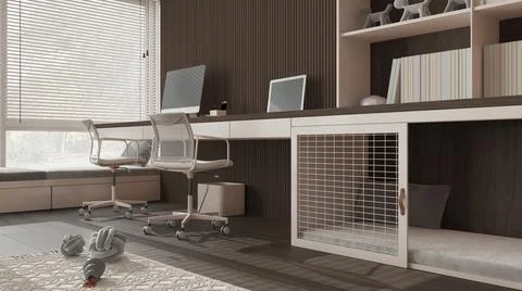 Smart working, pet friendly dark wooden corner office, work from home. Desk w Stock Illustration