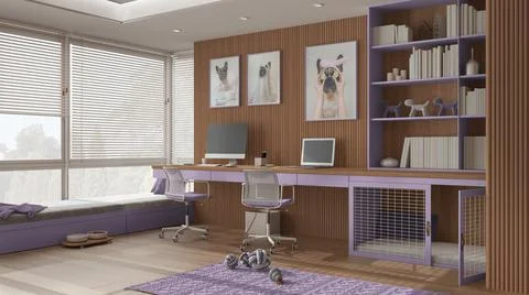 Smart working, pet friendly purple and wooden corner office, work from home.  Illustrazione stock