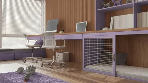Smart working, pet friendly purple and wooden corner office, work from home.  Stock Illustration