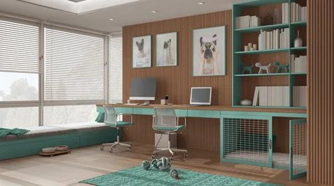 Smart working, pet friendly turquoise and wooden corner office, work from hom Illustrazione stock