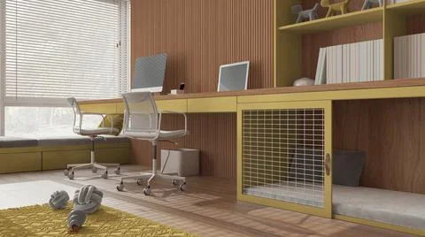 Smart working, pet friendly yellow and wooden corner office, work from home.  Illustrazione stock