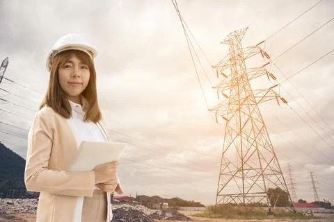 Smart Young beautiful Electrical engineer woman working using tablet for chec Stock Photos