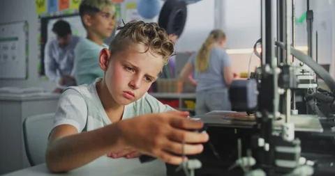Smart Young Boy Using 3D Printer Control Panel, Learning Advanced Automated 3D Stock Footage 314778469