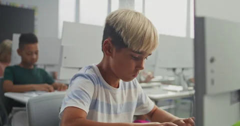 Smart Young Boy Using Computer, Doing Creative 3D Design Project During Digital Stock Footage 316297278