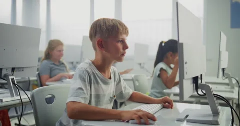 Smart Young Boy Using Computer, Doing 3D Design Project. Teacher Helping Stock Footage 316302407