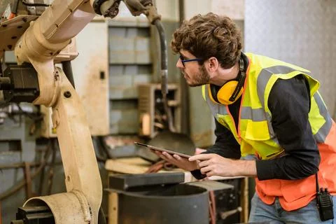 Smart young engineer work service maintenace programming automatic robot we.. Foto stock