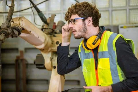 Smart young engineer work service maintenace programming automatic robot we.. Foto stock