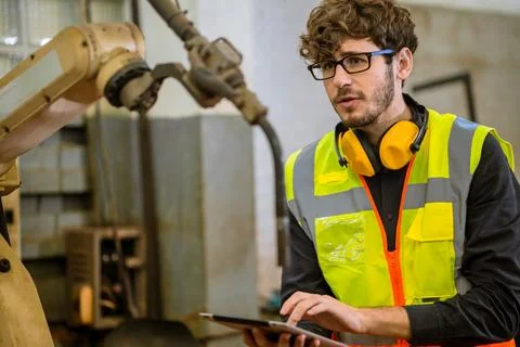 Smart young engineer work service maintenace programming automatic robot we.. Foto stock