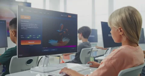 Smart Young Girl Using Computer, Creating Project in AI Video Generator During Stock Footage 316292266