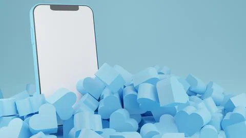Smarthphone with blank screen white background with pile of hearts,Love symbo Illustrazione stock