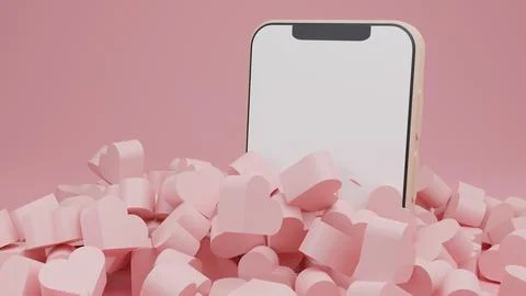 Smarthphone with blank screen white background with pile of hearts,Love symbo Illustrazione stock