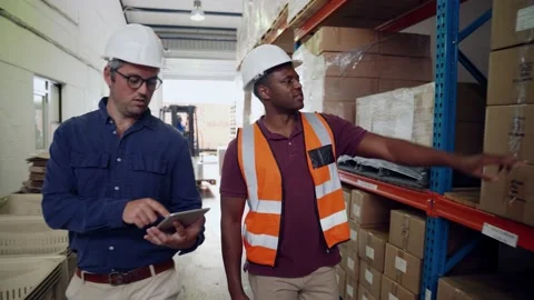 Smartly dressed manager inspecting while worker points to parcels packaged in 스톡 동영상 141978427