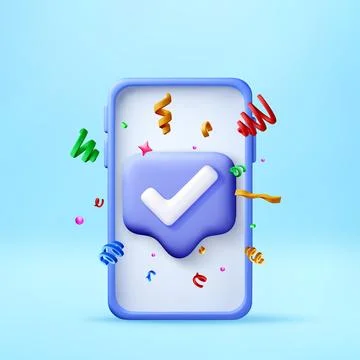 Smartphone with 3d check mark and confetti. 스톡 일러스트
