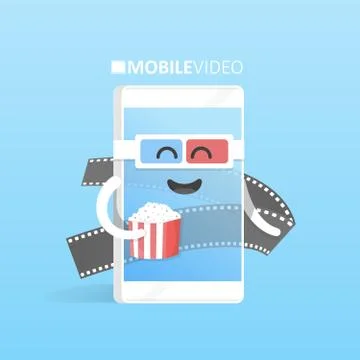 Smartphone 3d glasses with popcorn concept watch videos online movie theate.. Stock Illustration