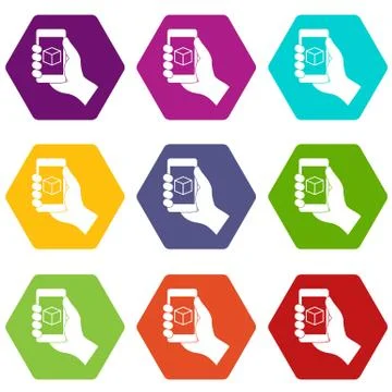 Smartphone with 3D model icon set color hexahedron Stock Illustration