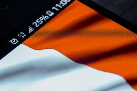 Smartphone 5G network 25 per cent charge and France flag Foto stock