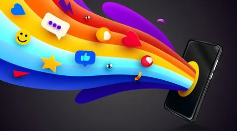 Smartphone with abstract rainbow elements. Phone mockup. Color explosion. Bright イラスト素材