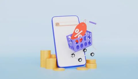 Smartphone with Add to Cart Button, Discount Tag and Stack of Coins Stock Illustration