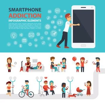 Smartphone addiction infographic elements with icon set, people with phones. Man Stock Illustration