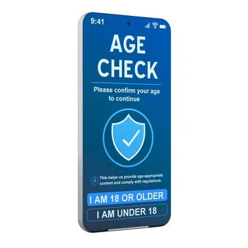 Smartphone with age check screen and confirmation buttons. Online age verif.. 库存插图