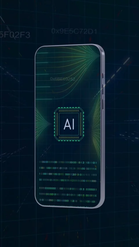 Smartphone With AI Processor Chip And Binary Code Floating In Digital Space Vídeos de archivo 336042622