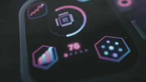 Smartphone analytics screen combines a processor gauge Video stock 342488064