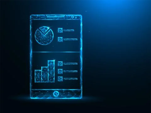 Smartphone and analytical data low poly art. Mobile analytics, data graph pol 스톡 일러스트