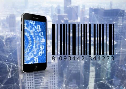 Smartphone and bar code in front of digital background Stock Photos
