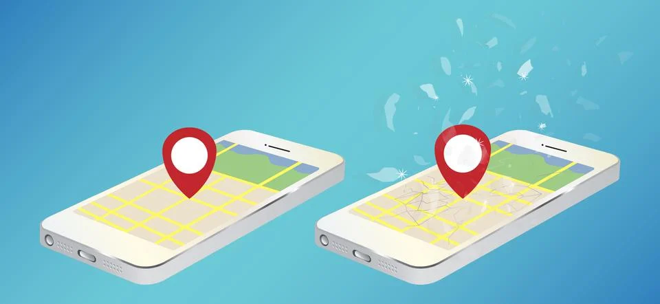 Smartphone and broken smartphone using a gps navigator map Stock Illustration