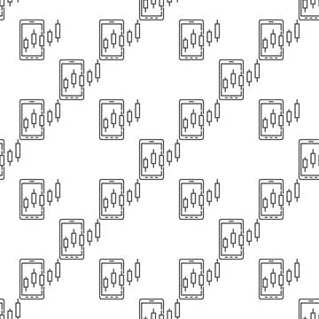 Smartphone and Candlestick Formation vector Crypto Trading outline seamless.. Stock Illustration