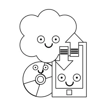 Smartphone and cloud computing with cd rom in black and white Stock Illustration