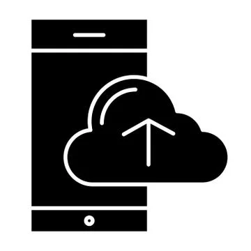 Smartphone and cloud computing solid icon. Cloud with arrow up on smartphone 库存插图