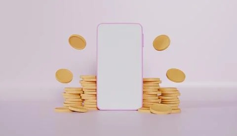 Smartphone and coin stacks with falling coin on pink background イラスト素材