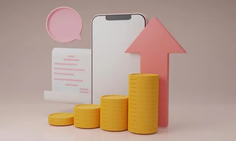 Smartphone and coins stack with up arrow,digital wallet.Shopping mobile app,g 스톡 일러스트