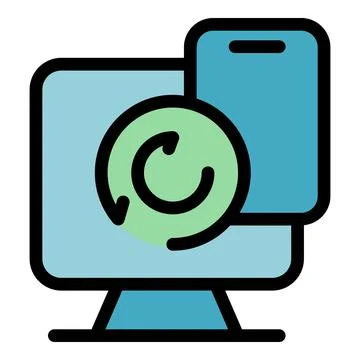 Smartphone and desktop computer syncing data with rotating arrows symbol Stockillustratie