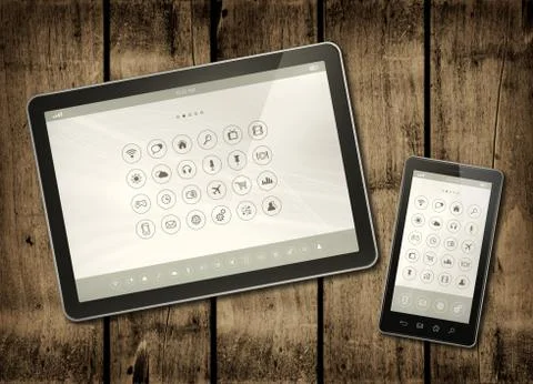 Smartphone and digital tablet PC with desktop icons on a dark wood table Stock Illustration