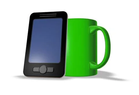 Smartphone and mug on white background - 3d illustration Stock Illustration