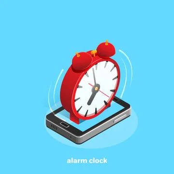Smartphone and red alarm clock on a blue background, isometric image イラスト素材