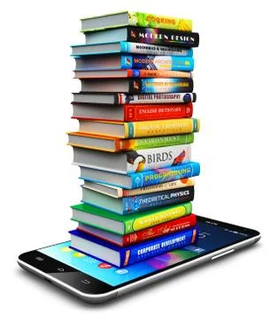 Smartphone and stack of color hardcover books Illustrazione stock