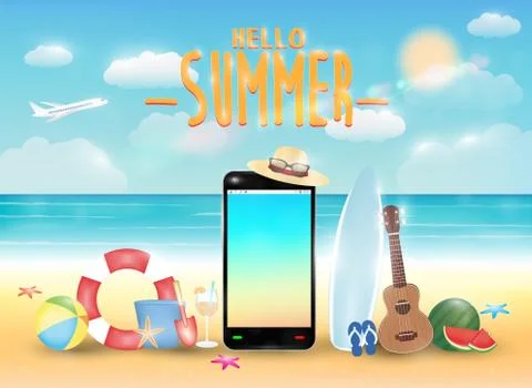 Smartphone and summer object with bright summer sea beach Stock Illustration