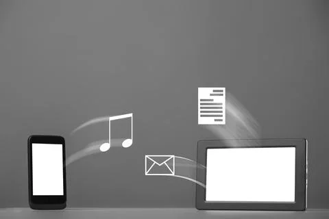 Smartphone and tablet computer on a gray background. Synchronization concept Illustrazione stock