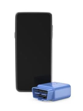 Smartphone and wireless OBD2 car diagnostic device Ilustración de archivo
